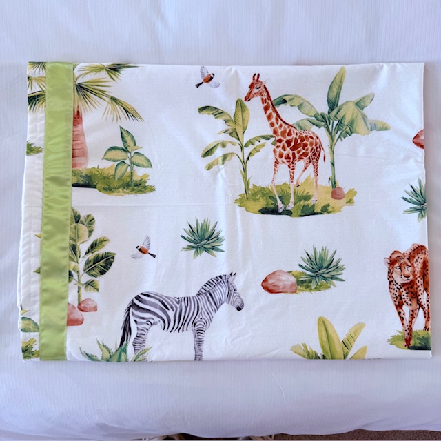 AFRICAN WILDLIFE COTTON BABY BLANKET WITH SATIN SENSORY RIBBON