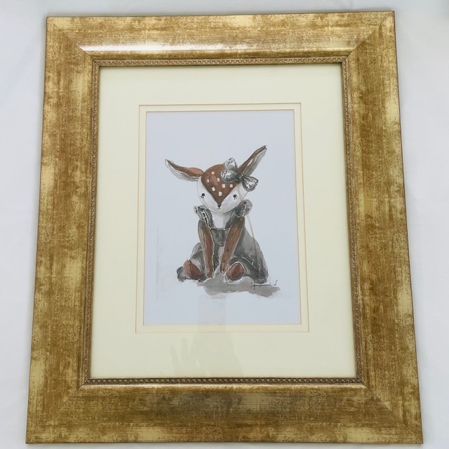 NORDIC WATER COLOUR PRINT - LITTLE FOX IN DRESS & BOW TIE IN GILT FRAME